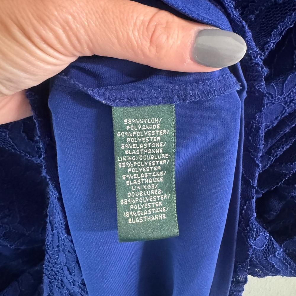 Royal Blue Floral Lace Sheath Dress Size 14 P Lauren Ralph - Picture 7 of 9